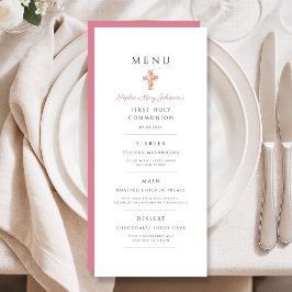 Menu Elegant Pink Floral Cross First Communion