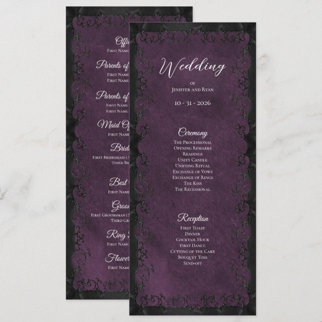 Menu Elegant purple Gothic Wedding Program (Frente/Verso)