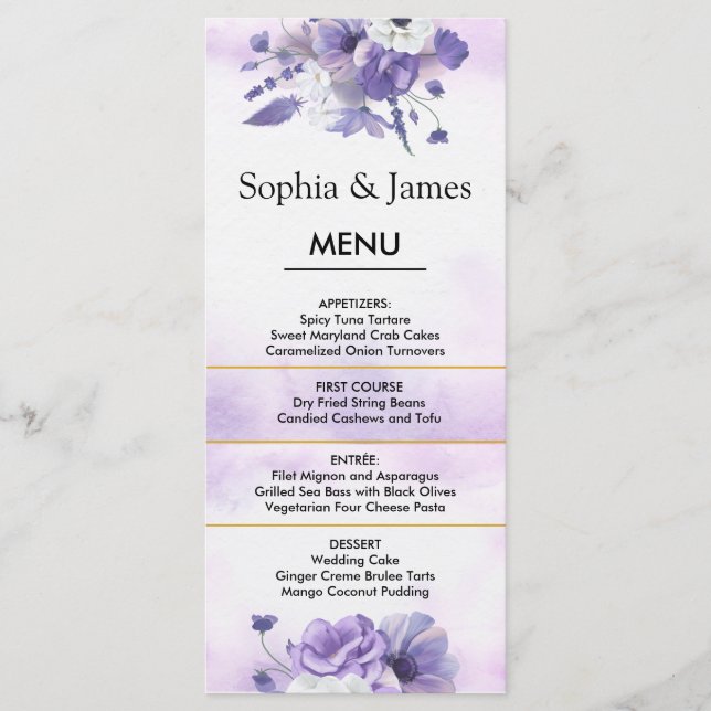 Menu Elegant Purple Watercolor wedding (Frente)