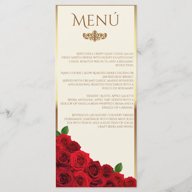 Menu Elegant Red Roses and Gold Frame Cream Wedding (Frente)