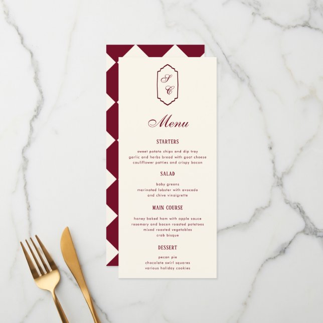 Menu Elegant Retro Checkered Burgundy Wedding (Frente/Verso In Situ)