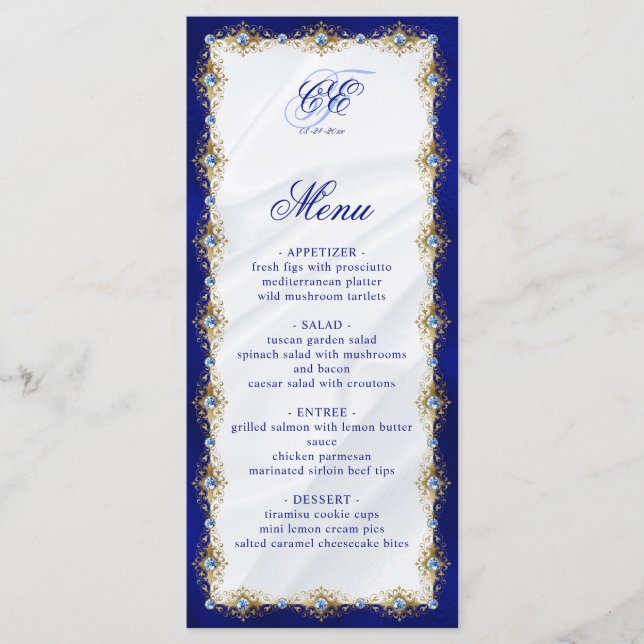 Menu Elegant Royal Blue Floral Monogram Wedding (Frente)