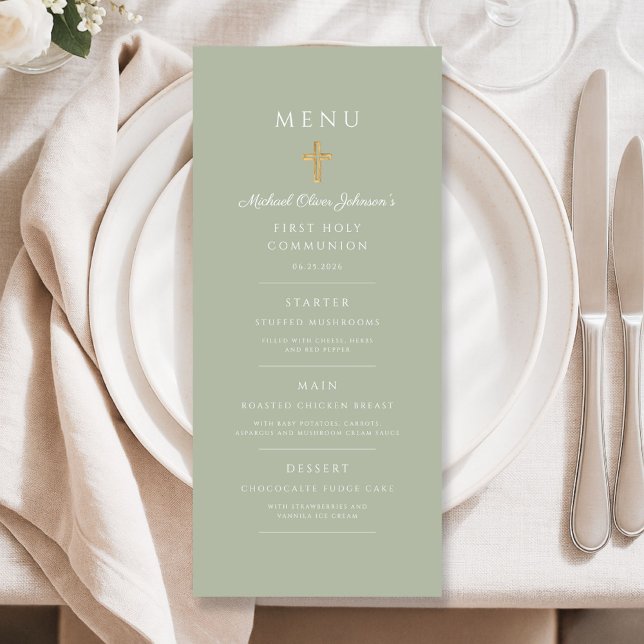 Menu Elegant Sage Green Religious Cross First Communion (Elegant Sage Green Religious Cross First Communion Menu)