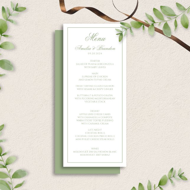 Menu Elegant Sage Green & White Border Script Wedding (Criador carregado)