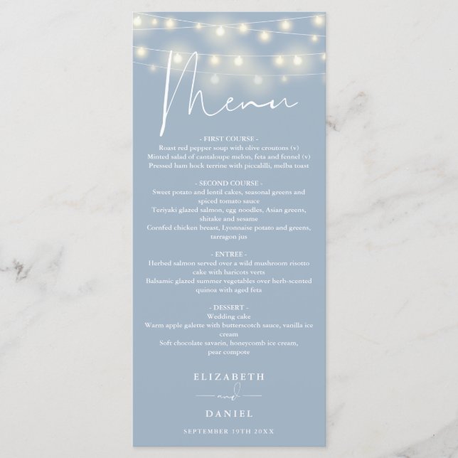 Menu Elegant String Lights Dusty Blue Wedding Dinner (Frente)