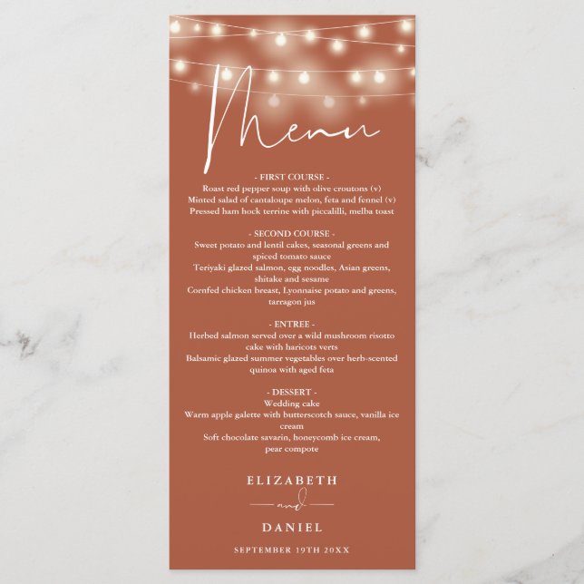 Menu Elegant String Lights Terracotta Wedding Dinner (Frente)