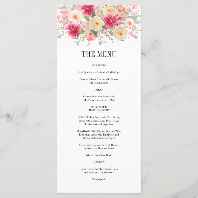 Menu Elegant Watercolor Bright Pink Floral Wedding (Frente)
