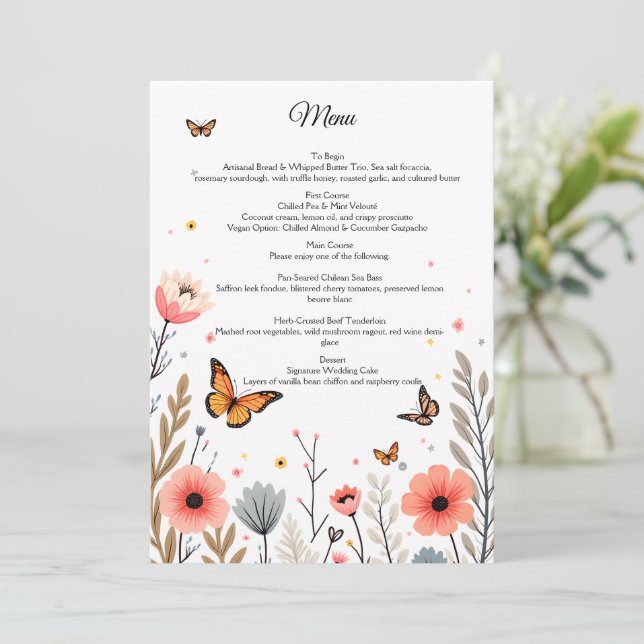 Menu Elegant Wildflowers And Butterflies Wedding (Em pé/Frente)