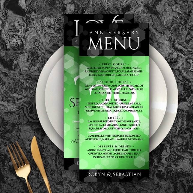 Menu Elegante 38º aniversário do casamento do Emerald (Elegant 38th Emerald Wedding Anniversary Menu Rack Card Cover Photo.)