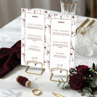 Menu Elegante Arte de Linha Floral Borgonha Casamento