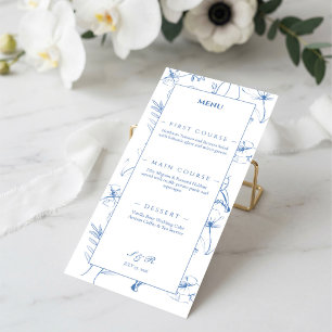 Menu Elegante Arte Linear Floral em Azul Poeirento para