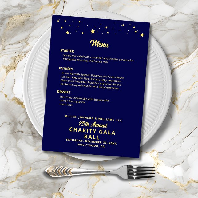 Menu Elegante Azul Dourado da Companhia de Bola de Cari (Charity Gala Ball Company Event Menu in Navy Blue and Gold, Gold Stars, Menu Choices, Event Details.)