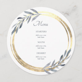 Menu elegante, azul empoeirado e dourado