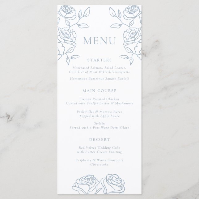 Menu Elegante Blue & White French Rosas (Frente)