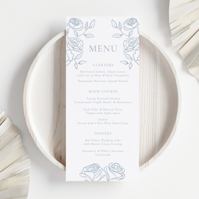 Menu Elegante Blue & White French Rosas (Criador carregado)