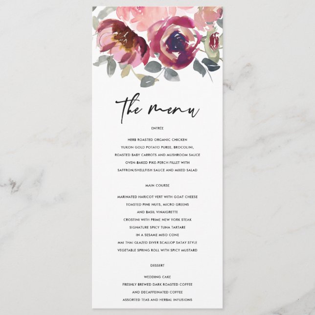 MENU ELEGANTE BLUSH BURGUNDY WATERCOLOR FLORAL WEDDING (Frente)