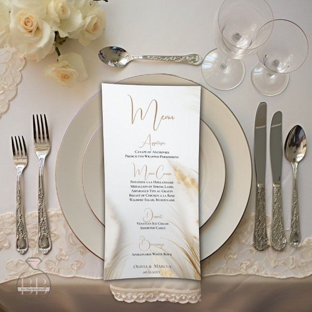 Menu Elegante Bohemian Floral Dourado Pampas (Stunning elegant ivory and gold pampas  menu )
