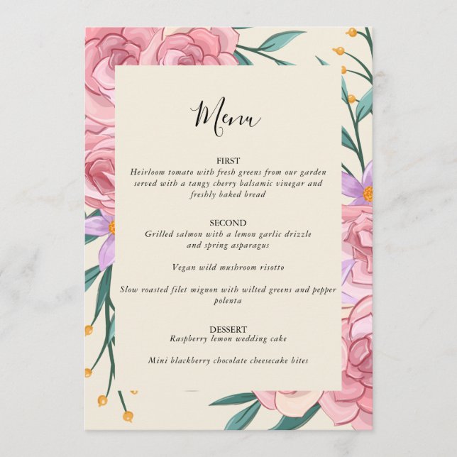 Menu Elegante Boho Rosa Bege Floral Aquarela Casamento  (Frente)