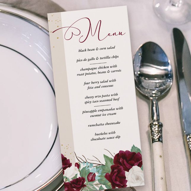 Menu Elegante Burgundy e Rosas de Marfim Floral (Menu with burgundy red and ivory roses and elegant calligraphy)