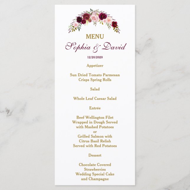 Menu Elegante Burgundy Marsala Casamento outono Floral  (Frente)