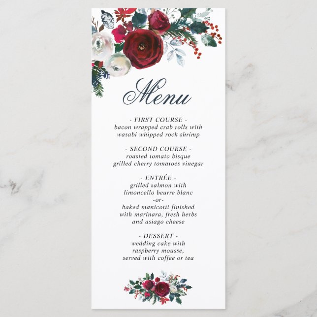 Menu Elegante Burgundy Rosas Winter Greenery Casamento (Frente)