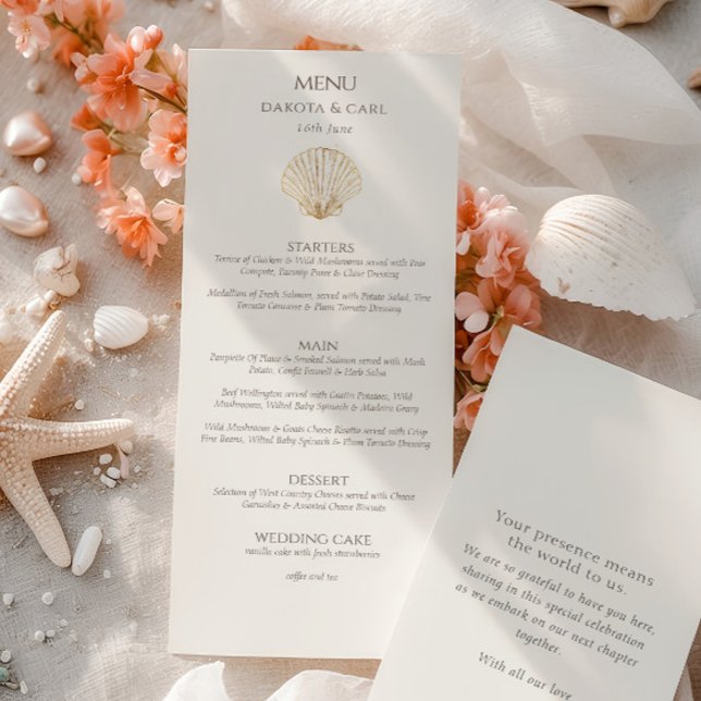 Menu Elegante Cardápio de Casamento de Dupla Face Creme (Elegant Gold Seashell Creamy Double Side Wedding Menu)