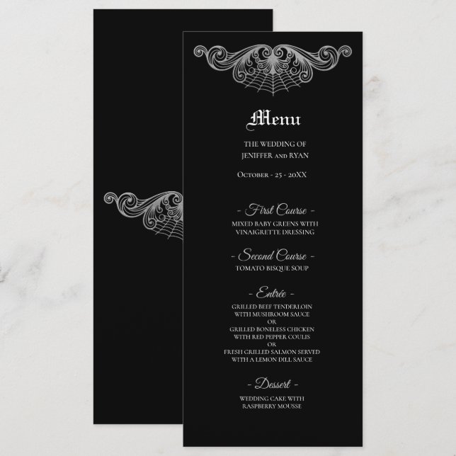 Menu Elegante cardápio de casamento gótico preto e bran (Frente/Verso)