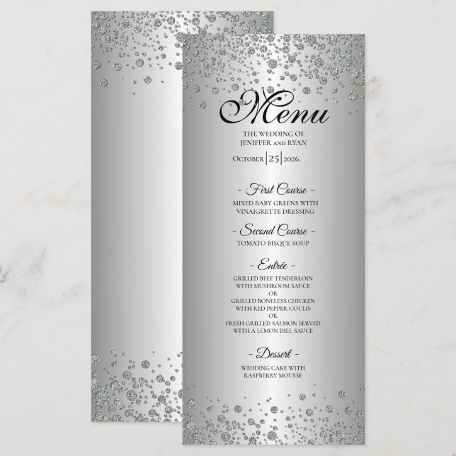 Menu Elegante cardápio de casamento prateado (Frente/Verso)