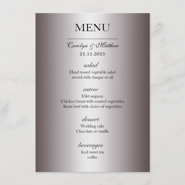 Menu Elegante Cardápio de Casamento Prateado com Classe (Frente)
