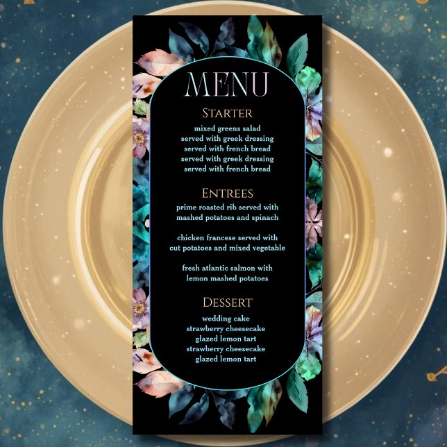 Menu Elegante casamento azul roxo sombrio (Criador carregado)