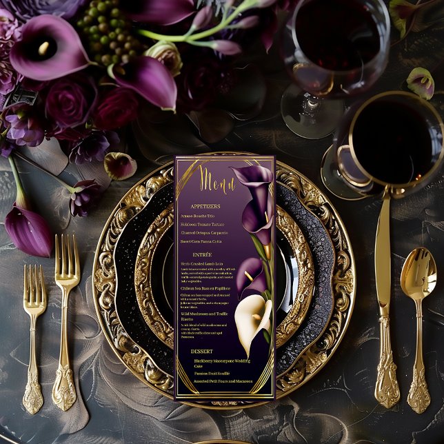 Menu Elegante Casamento de Lírio-de-Calla Roxo Violeta  (Elegant Violet Purple and Gold Calla Lily Wedding Menu)