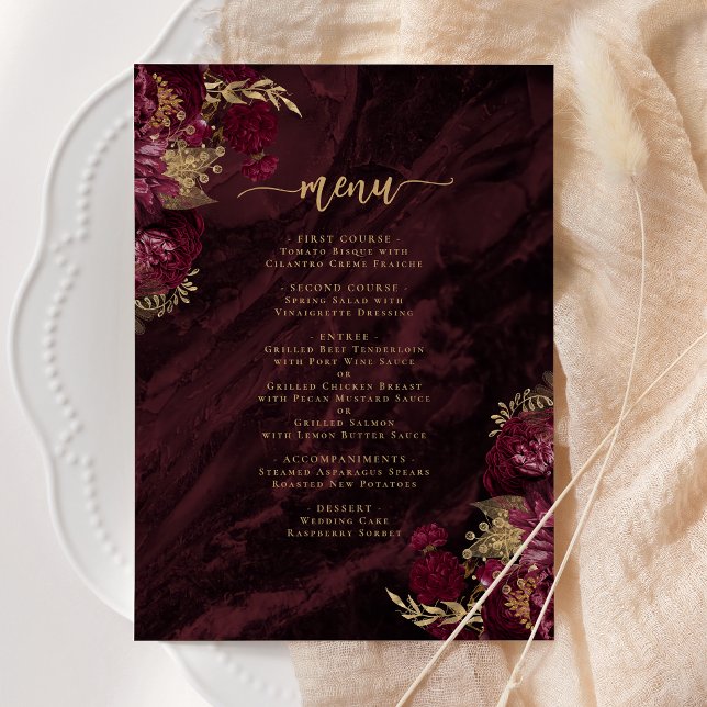 Menu Elegante Casamento Floral em Vermelho Borgonha Dou (Criador carregado)