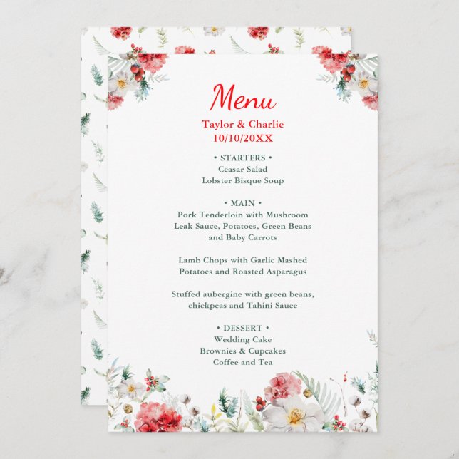Menu Elegante Casamento no inverno Floral Greenery (Frente/Verso)