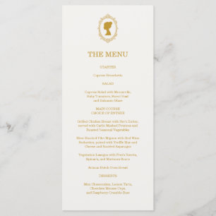 Menu Elegante Chá de Noiva Azul e Dourado da Era Regênc
