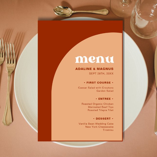 Menu Elegante Chic Amarelo Terracota Arco Boho Casament (Elegant chic peach terracotta arch wedding menu adds warm boho charm to your reception.)
