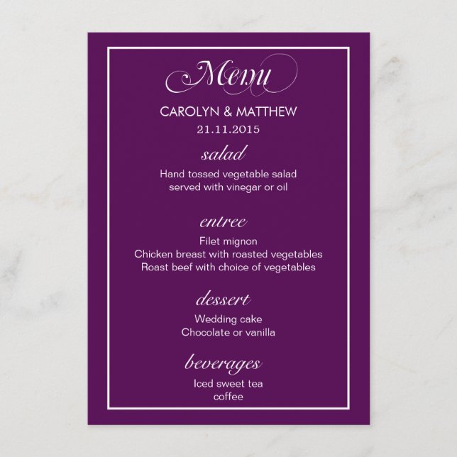 Menu Elegante Classe Simples Cardápio de Casamento Roxo (Frente)