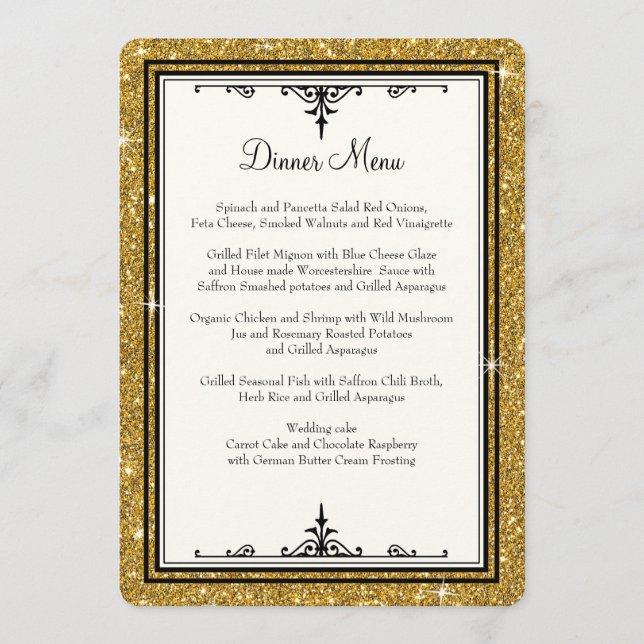 Menu Elegante Clássico com Glitter de Ornamento Dourado (Frente)