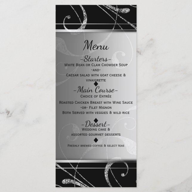Menu Elegante com Floral Rodopiante Preto e Prata  (Frente)
