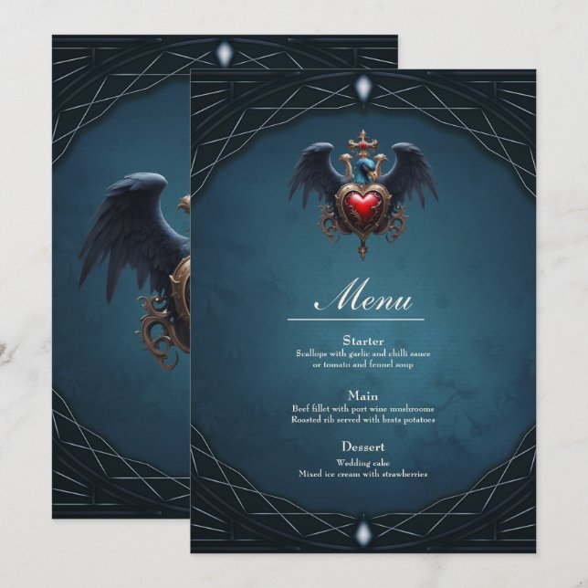Menu Elegante coração gótico com pássaro fantasma. (Frente/Verso)