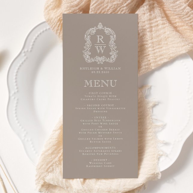 Menu Elegante Crista de Monograma Casamento Bege (Criador carregado)