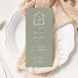 Menu Elegante Crista de Monograma Casamento Verde Sage