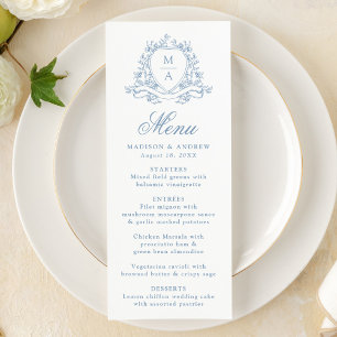 Menu Elegante Crista Floral Azul Monograma Casamento