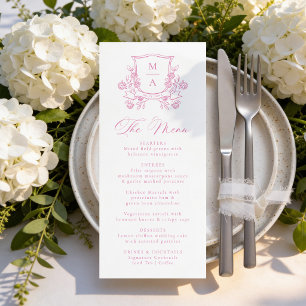 Menu Elegante Crista Floral Rosa Monograma Casamento