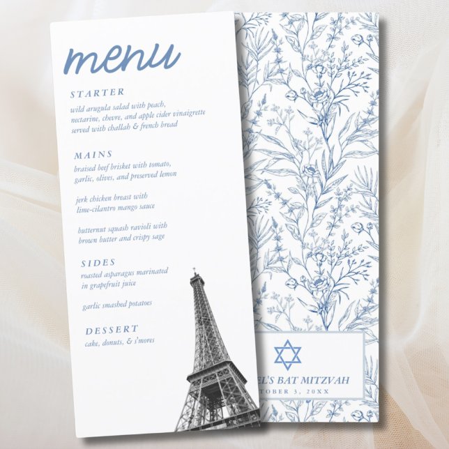 Menu Elegante da Torre de Toile Francesa Mitzvah E (French Toile Bat Mitzvah Eiffel Tower Elegant Menu
)