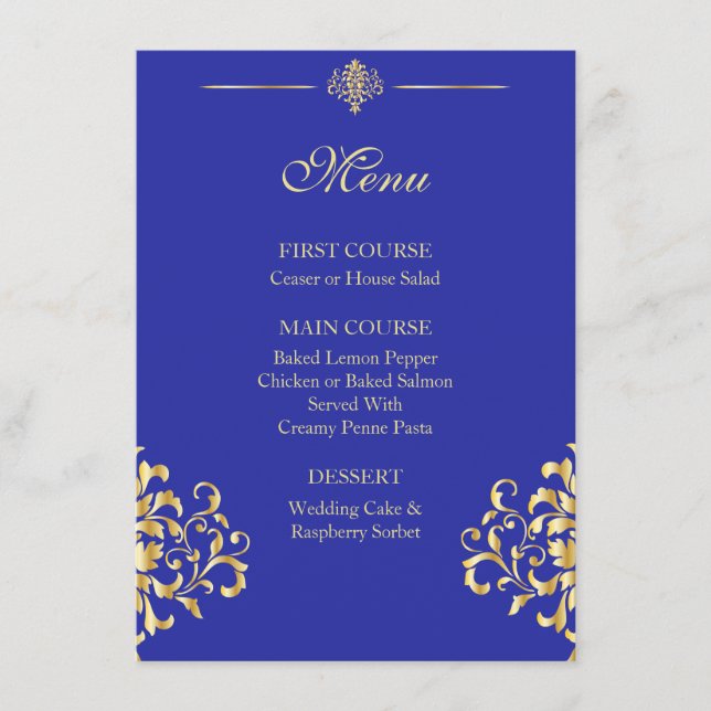 Menu Elegante de Casamento tema damasco Dourado e  (Frente)