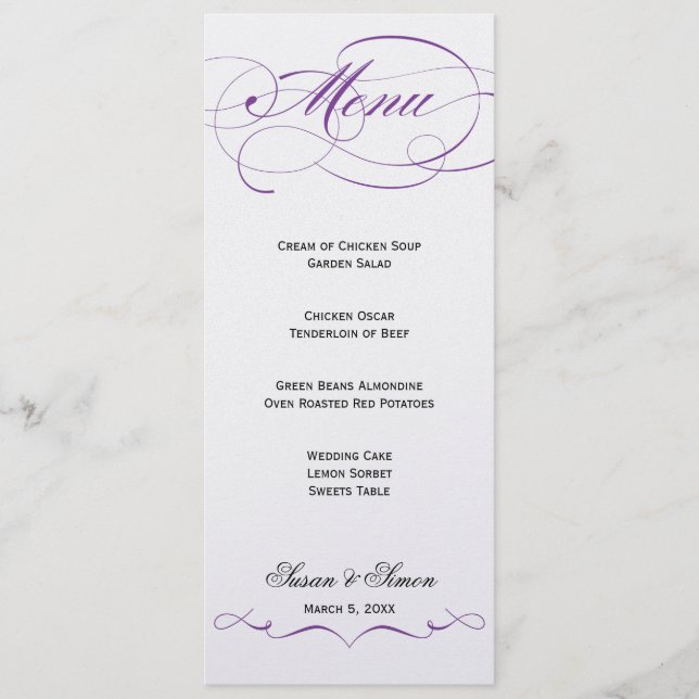 Menu elegante do casamento do roteiro - roxo (Frente)