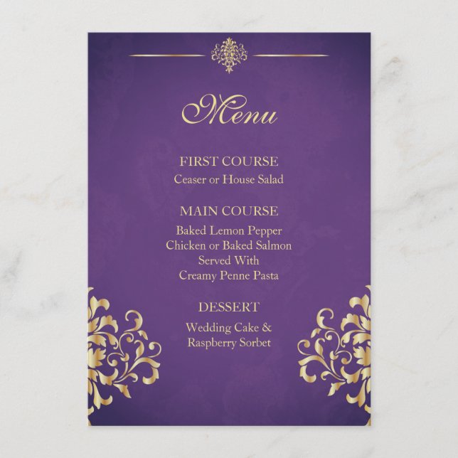 Menu Elegante do Casamento tema damasco Dourado e  (Frente)