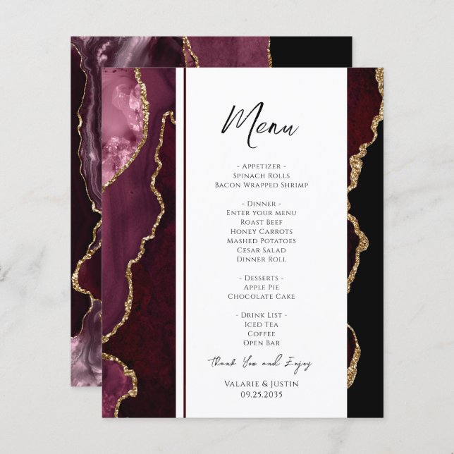 Menu Elegante do Elegante Agate Burgundy (Frente/Verso)