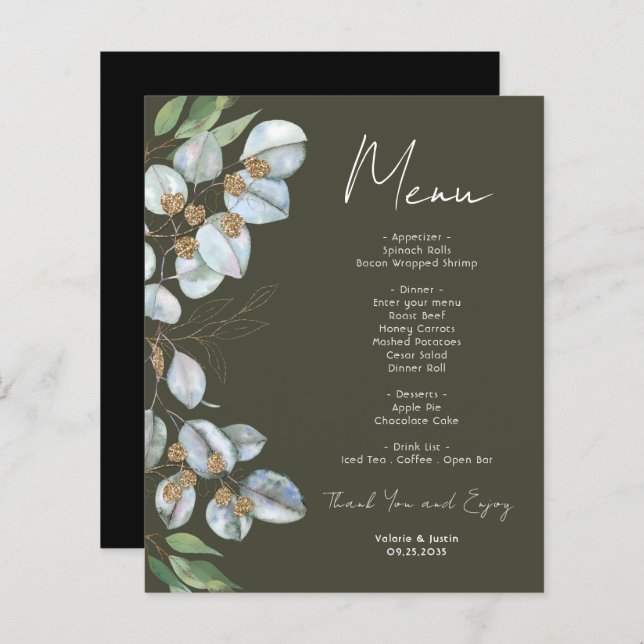 Menu Elegante do Elegante Eucalyptus Greenery (Frente/Verso)
