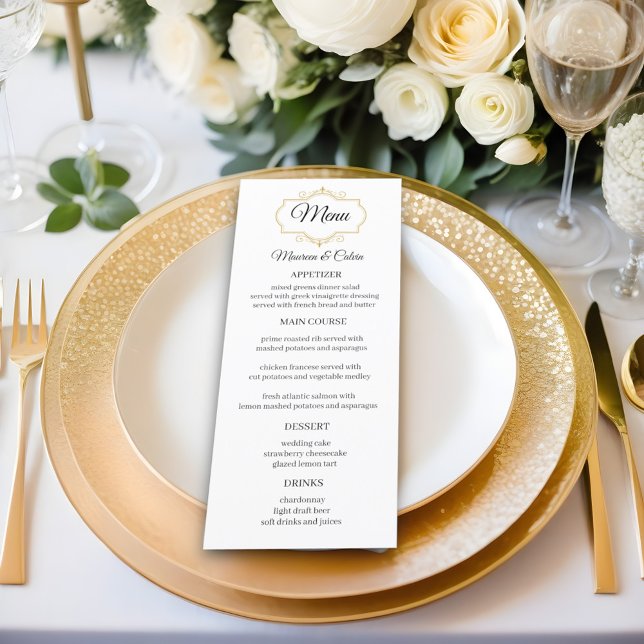 Menu Elegante Dourado Filigree sobre Casamento Branco (Criador carregado)
